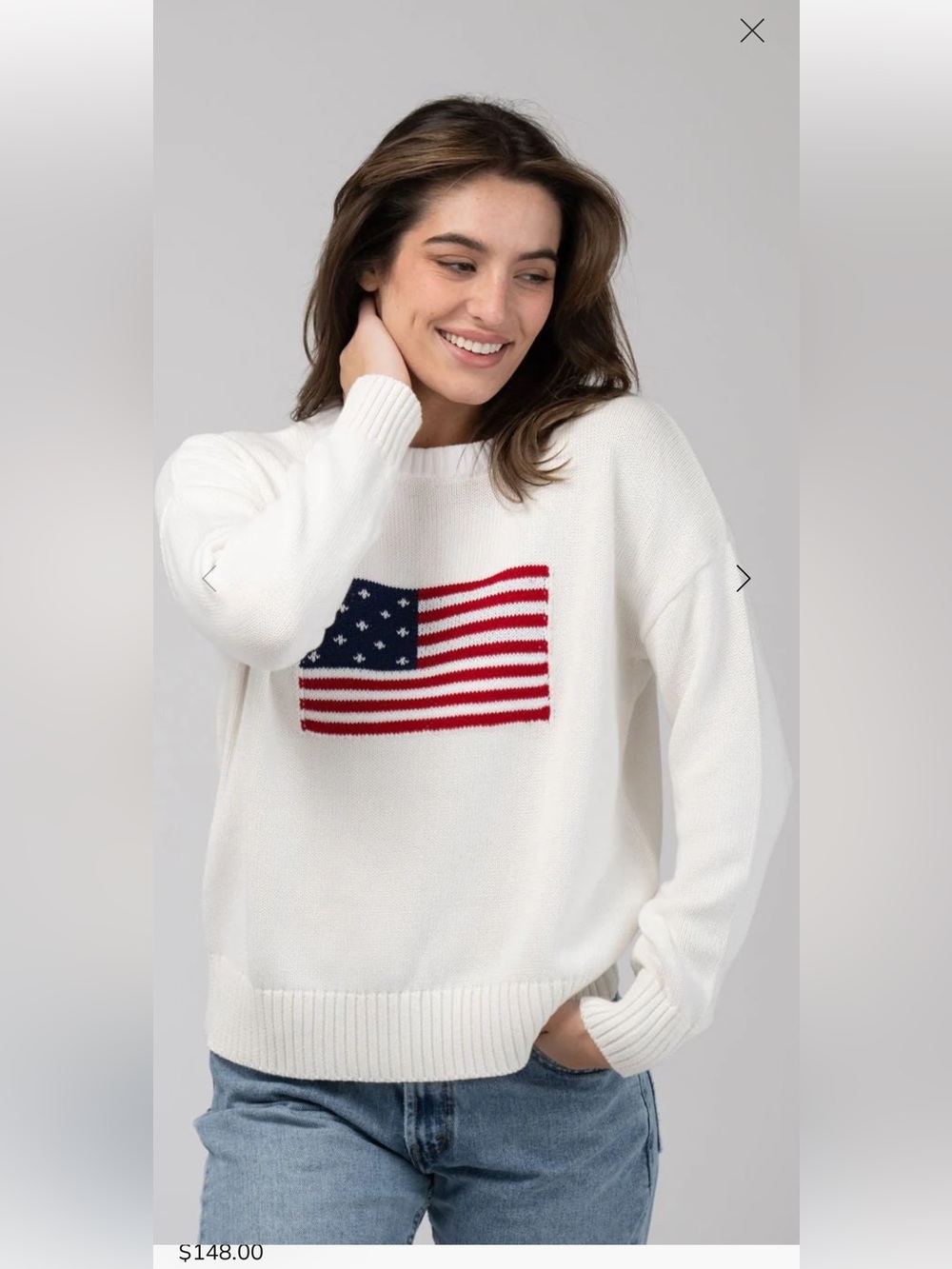 White Crewneck Sweater with Embroidered American Flag